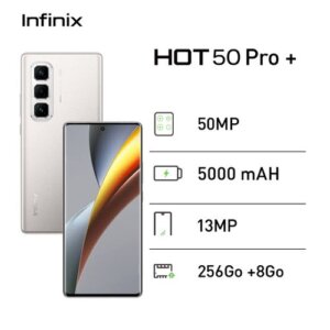 Smartphone Infinix HOT 50 Pro+ : 8Go RAM, 256Go stockage, écran 120Hz et caméra 50MP. Performances premium et autonomie longue durée !